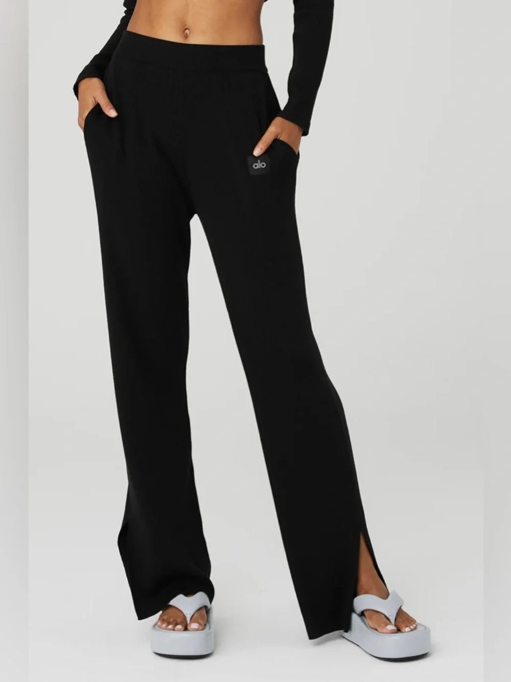 ALO Yoga Ribbed High-Rise Black Wide-Leg Pants with Side Slit